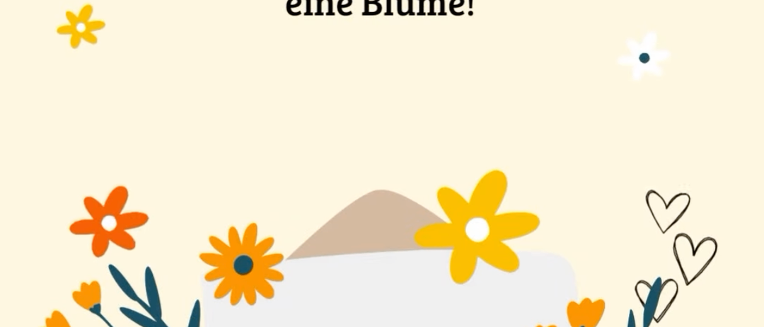 Ein Plakat zum Muttertag mit Blumen, einem Herz und der Aufschrift '100 Mamas eine Blume', mit einem Blumenstrauß und einem Zettel, auf dem steht 'Markiere deine MAMA'.