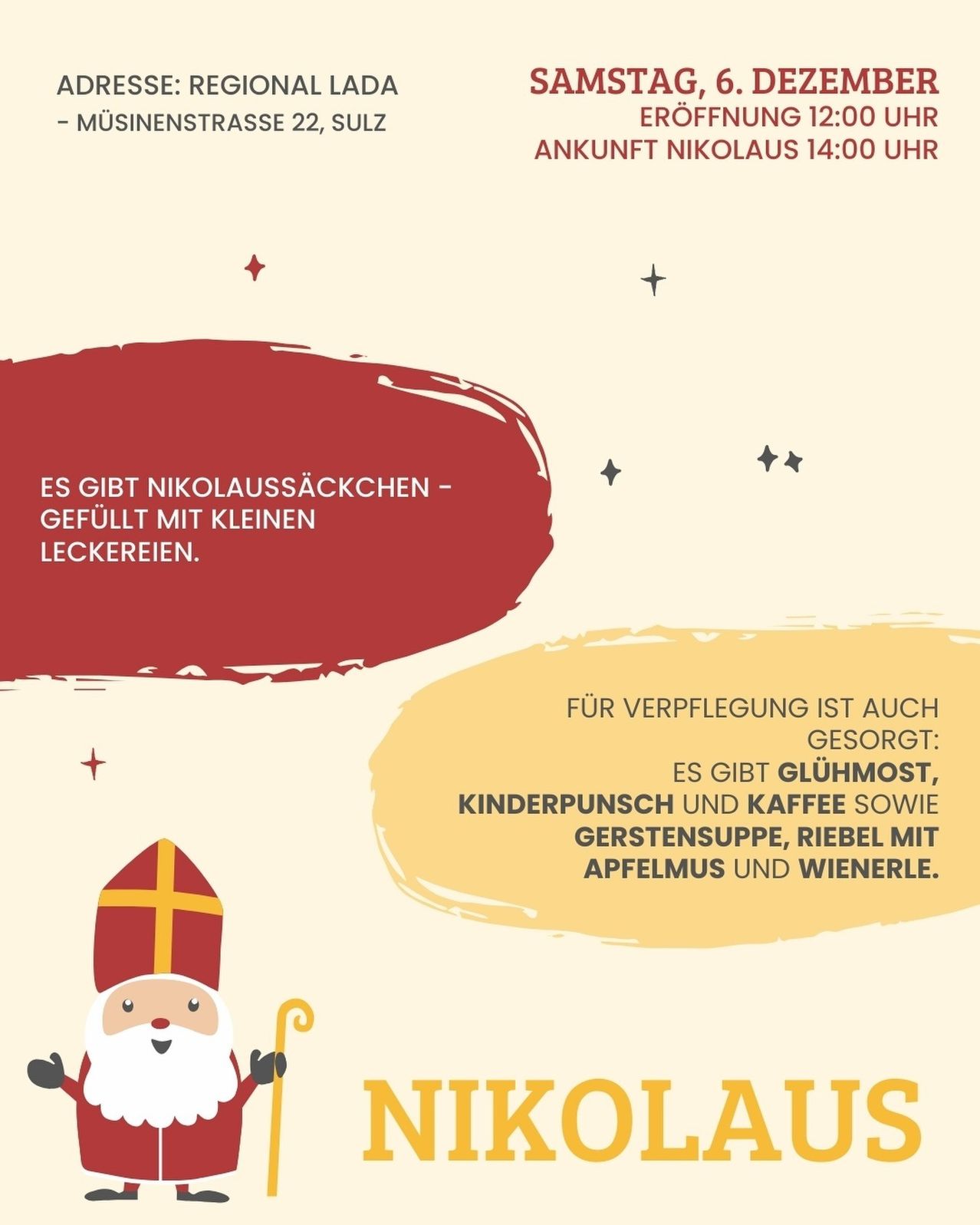 Ein Veranstaltungsplakat mit Nikolaus-Bild, rotem Hintergrund, kündigt die Ankunft von Nikolaus um 14:00 Uhr an, bietet Nikolaussäckchen mit Leckereien und Unterkünfte mit Glühwein, Kinderpunsch, Kaffee, Gemüsesuppe, Schwarzbrot mit Apfelmus und Würstchen an.