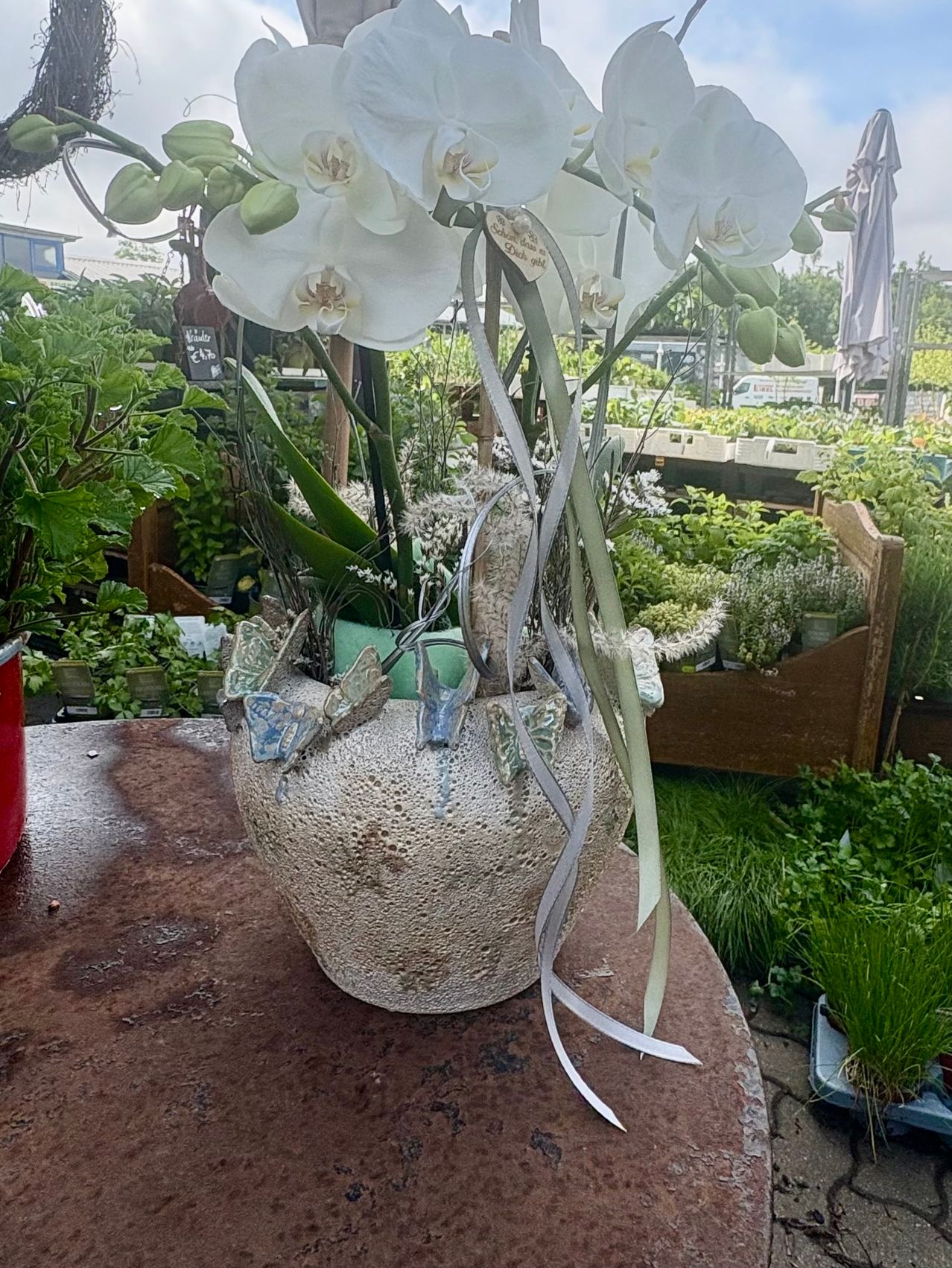 Ein großes Arrangement weißer Orchideen in einem strukturierten Vasen mit Schmetterlingsakzenten steht auf einem Tisch in einem Gartencenter.