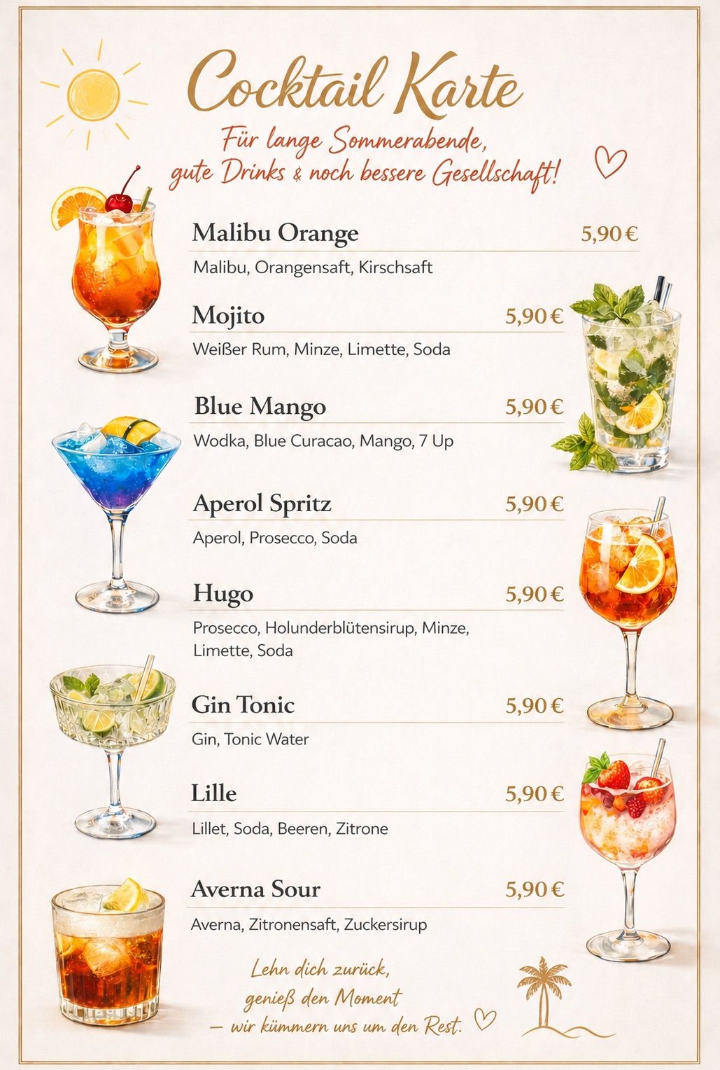 Cocktail-Menü mit Getränken wie Malibu Orange, Mojito, Blue Mango, Aperol Spritz, Hugo, Gin Tonic, Lille und Averna Sour. Jeder Drink kostet 5,90 Euro.