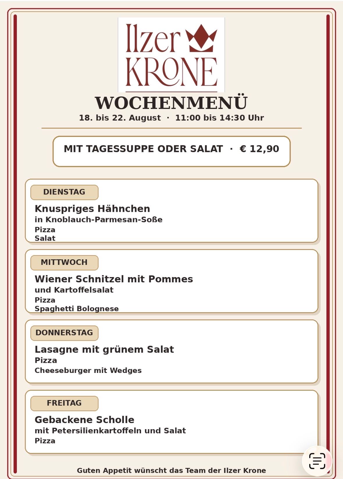 Wöchenliches Menü vom Krone-Restaurant für den 18.-22. August mit Gerichten wie knusprigem Hähnchen und Wiener Schnitzel zu Preisen und Optionen.