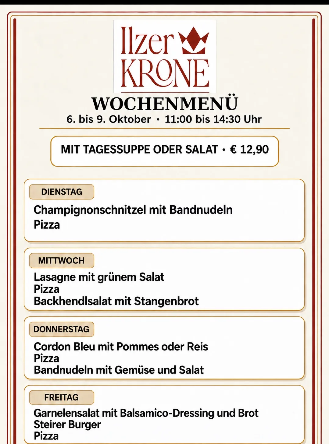 Wochenmenü vom 6. bis 9. Oktober mit Tagesspezialitäten, Suppe oder Salat und Pizza-Optionen.