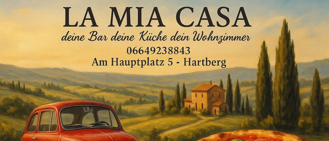 Eine Werbung fur La Mia Casa zeigt ein rotes Auto und eine Pizza. Der Text sagt 'Deine Bar, Deine Kuche, Dein Wohnsommer' und gibt eine Telefonnummer an.
