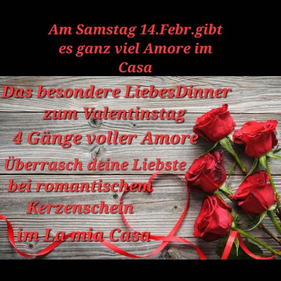 Ein besonderes Liebesdinner zum Valentinstag mit vier Gängen voller Liebe im Lamia Casa am Samstag, 14. Februar. Überraschen Sie Ihren Liebsten mit einem romantischen Geschenk.