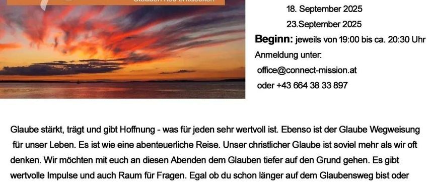 Das Bild ist eine Einladung für eine christliche Veranstaltung, '3x Inspiration', die am 9. September 2025 beginnt. Es bietet die Möglichkeit, den Glauben zu erforschen. Die Anmeldung erfolgt per E-Mail oder Telefon. Die Veranstaltung findet im connect Missions- und Gebetshaus statt.