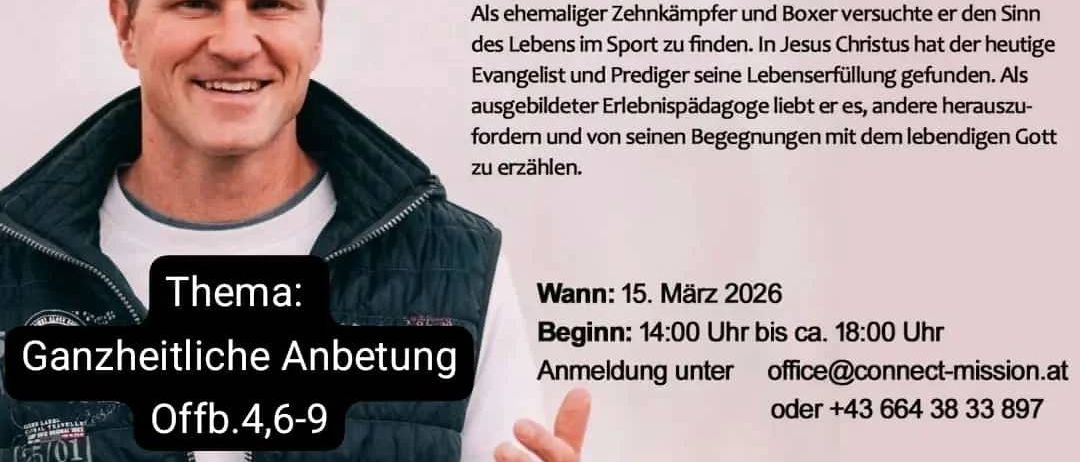 Tobias Kley. Sein Herz schlägt für junge Männer. Als ehemaliger Kämpfer und Boxer sucht er den Sinn des Lebens im Sport. Der heutige Evangelist und Prediger hat in Jesus Christus seine Lebenserfüllung gefunden. Als ausgebildeter Lebenspädagoge liebt er es, andere herauszufordern und von seinen Begegnungen mit dem lebendigen Gott zu erzählen. Thema: Ganzheitliche Anbetung. Wann: 15. März 2026. Beginn: 14:00 Uhr bis ca. 18:00 Uhr.