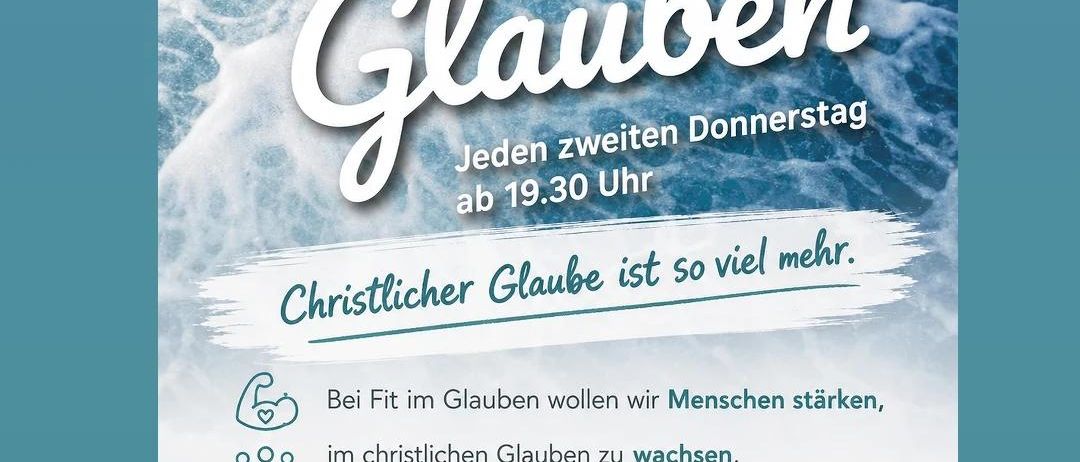 Poster for a Christian faith event titled 'Fit in Glauben', scheduled every second Thursday at 7:30 PM. The poster features a blue ocean wave background, a heart symbol, and icons representing community and joy.