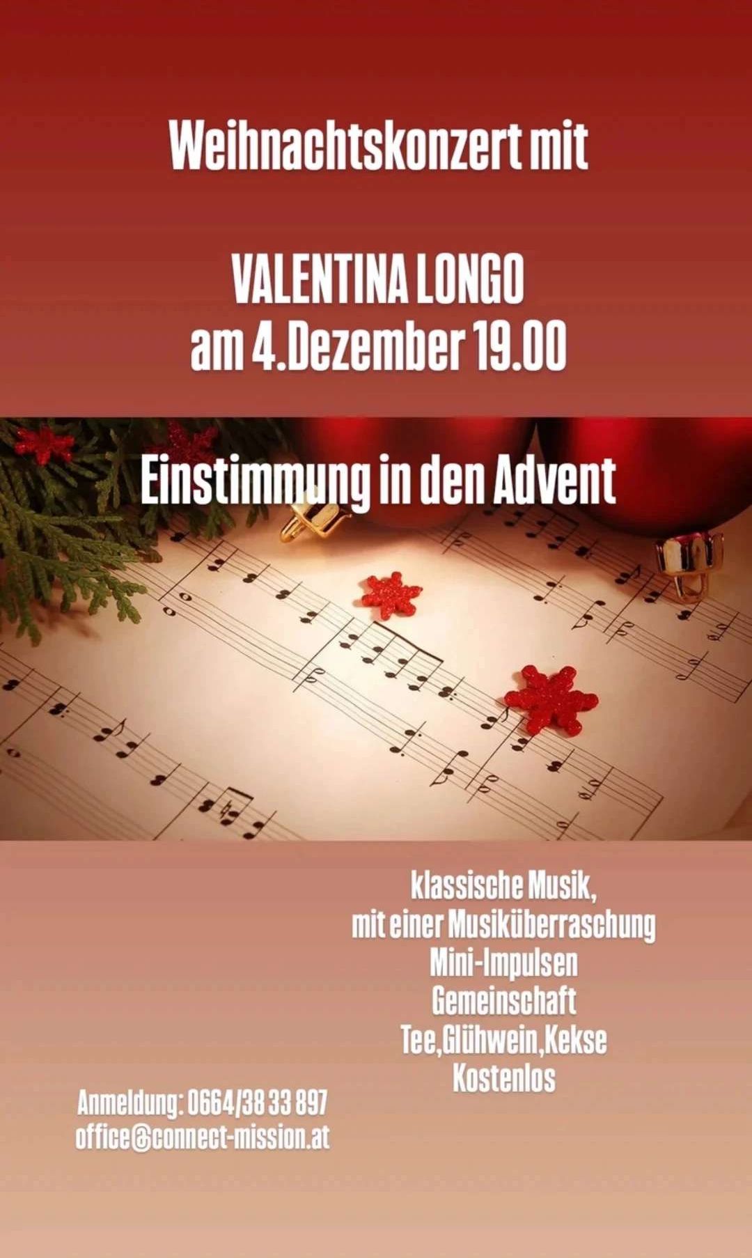 Ein Plakat mit einem musikalischen Thema für die Adventszeit mit Valentina Longo, geplant für den 4. Dezember um 19:00 Uhr. Es enthält klassische Musik mit einer musikalischen Überraschung und Impulse für die Gemeinschaft.