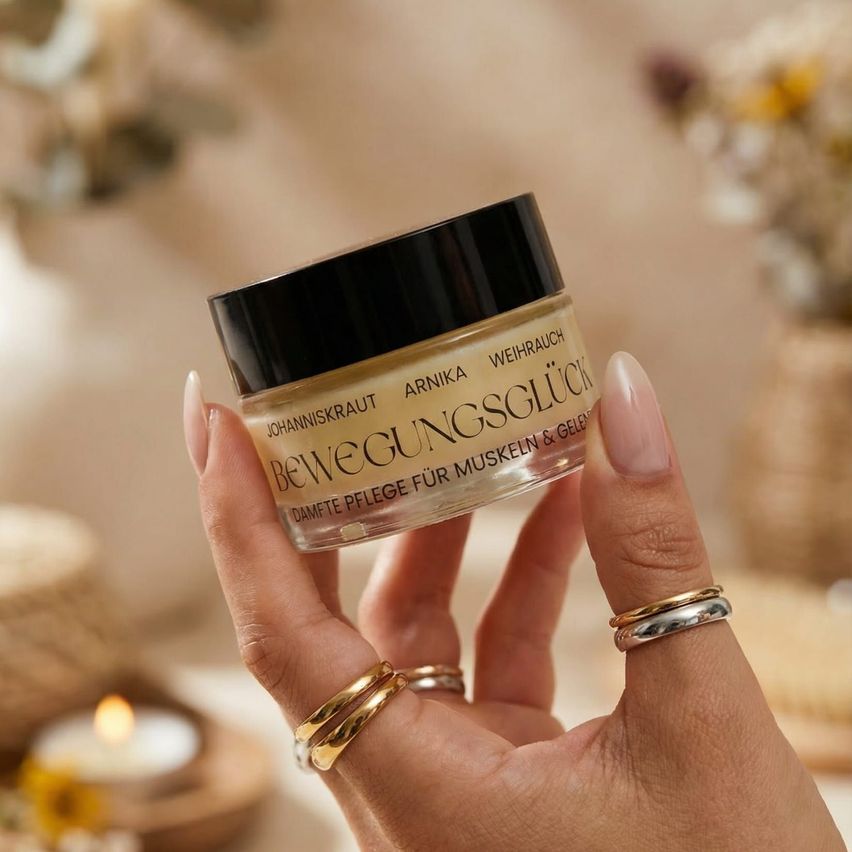 Eine Person hält ein Glas einer Creme namens Bewegungsglück. Es steht, dass es eine sanfte Pflege für Muskeln und Gel ist.
