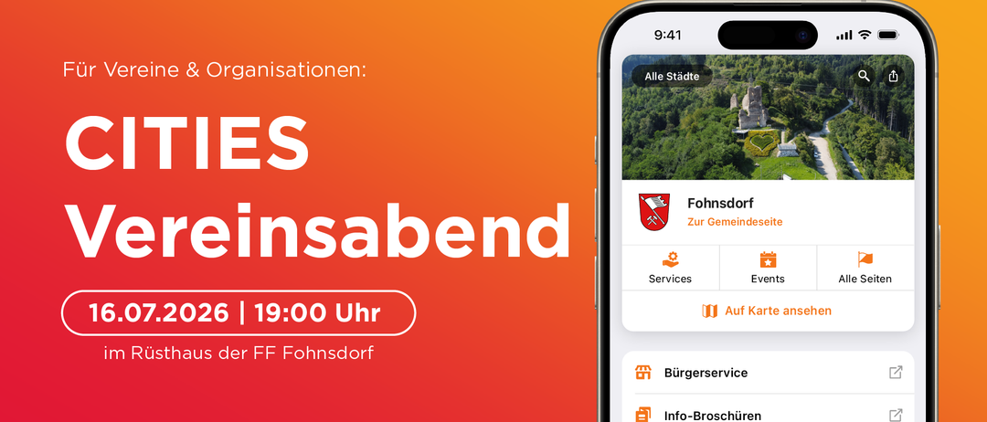 Ein Screenshot einer mobilen App-Oberfläche, die eine Gemeinschaftsdienst-App mit rotem Hintergrund, Text 'ES einsabend' und einer Zeit von 19:00 zeigt. Die App zeigt einen Button für 'Alle Städte', ein Logo für 'Fohnsdorf' und Symbole für 'Dienstleistungen', 'Veranstaltungen', 'Bürgerservice' und 'Info-Broschüren'.