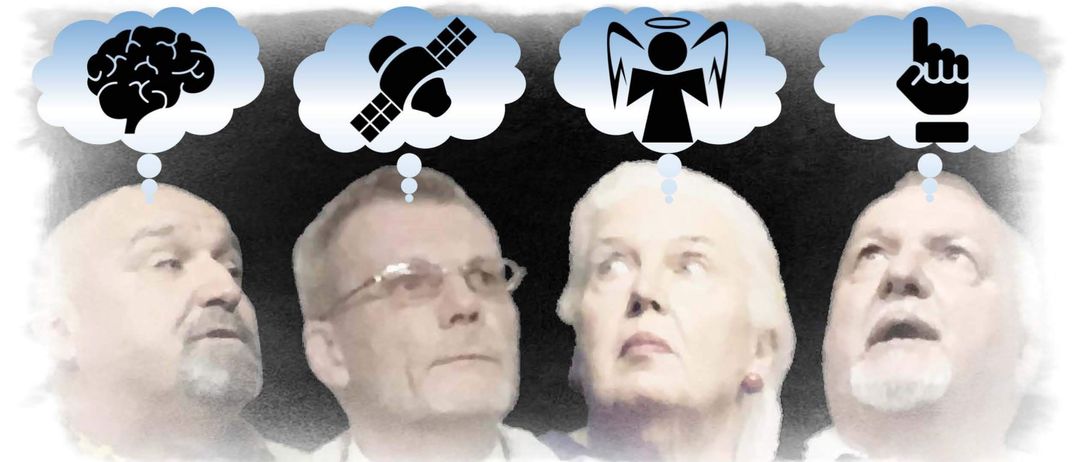 Ein Plakat bewirbt eine Reihe von Veranstaltungen mit dem Titel 'Klemmkunstbühne Himmel Hilf mit Hirn!' mit vier Personen, die Gedankenblasen über ihren Köpfen haben. Die Veranstaltungen sind für den 26. September und 3. Oktober 2026 um 19:30 im KPO-Heim Fohnsdorf geplant.