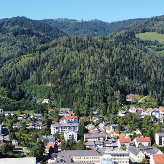 Luftaufnahme einer Stadt im Tal, umgeben von grünen Bäumen und Hügeln unter einem klaren Himmel.