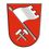 Fohnsdorf-Logo. Ein roter Schild mit einer weißen Flagge und gekreuzten Hämmern auf weißem Hintergrund.