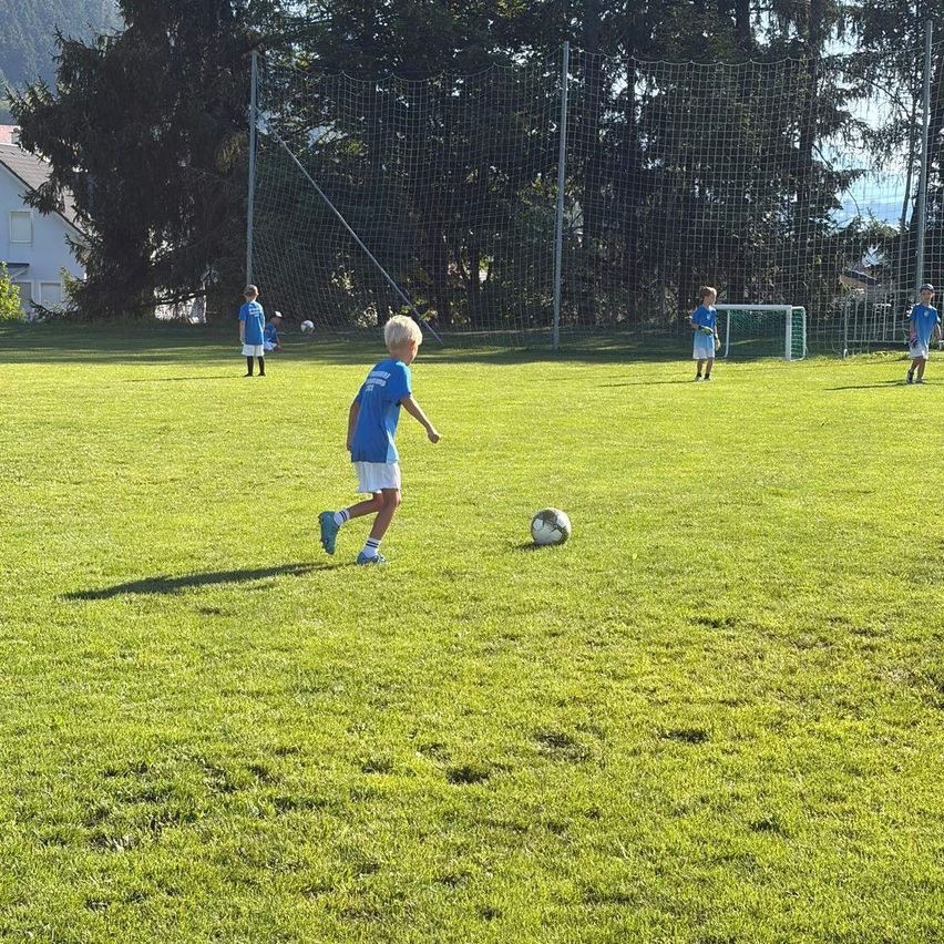 Eine Gruppe junger Jungen spielt Fußball auf einem Rasenfeld mit einem Netz im Hintergrund.