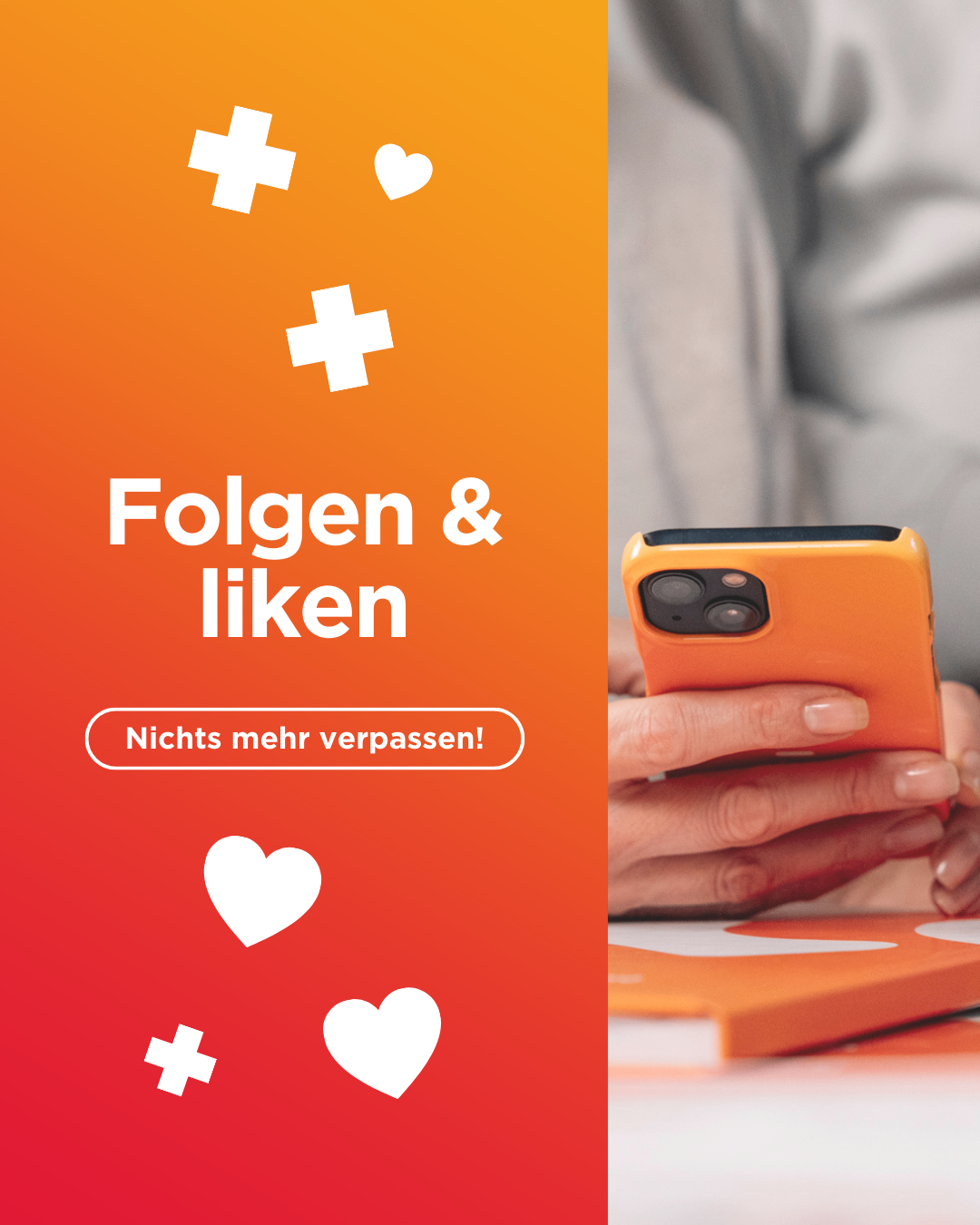 Ein orangefarbener Handy-Etui wird mit einer Hand gezeigt, die es hält. Der Text 'Folgen & liken' ist sichtbar, zusammen mit dem Aufruf zum Handeln 'Nichts mehr verpassen!'