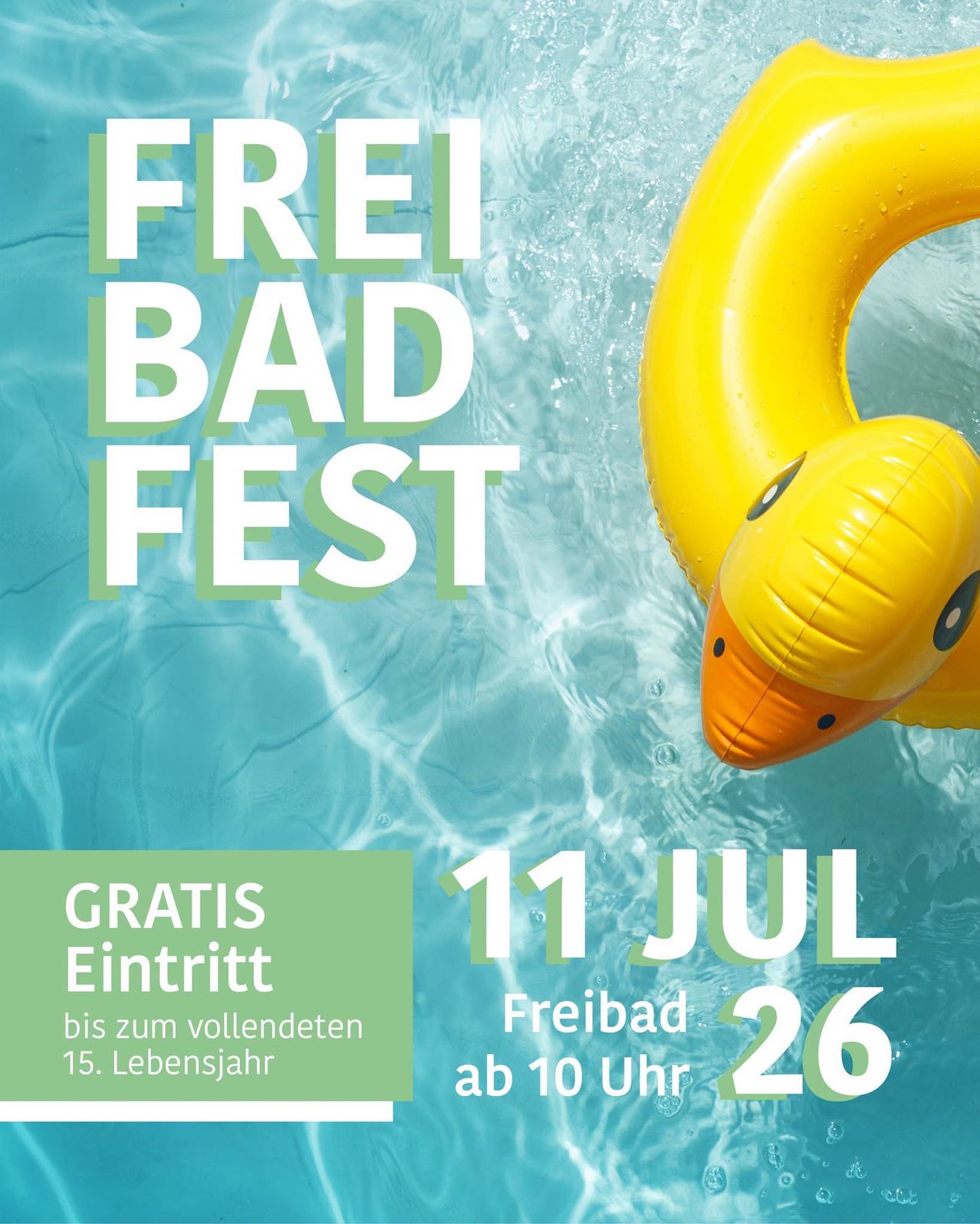 An advertisement for a free swimming event on July 11th, featuring a yellow inflatable duck in a pool. The event offers free entry until 10 AM on July 26th.