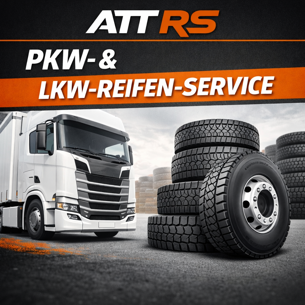 Eine Werbung fur PKW & LKW Reifenservice zeigt einen weissen Lastwagen mit Reifen im Vordergrund.