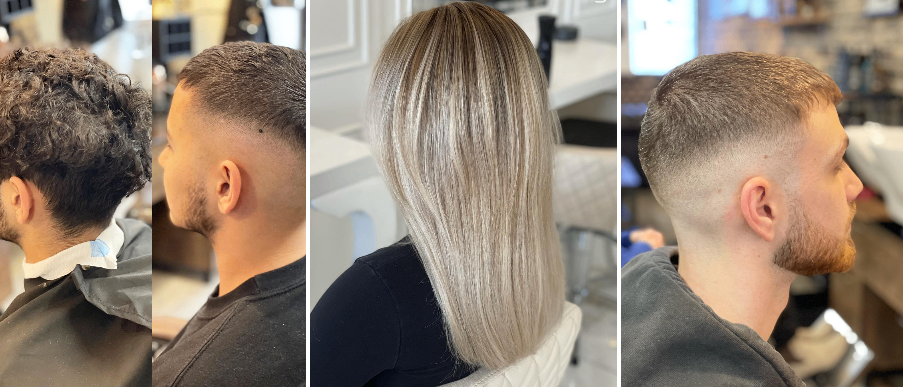 Drei Bilder eines Mannes mit verschiedenen Haarschnitten. Das erste zeigt ein Nahaufnahme seines Seitenprofils. Das zweite zeigt eine Nahaufnahme seines Rückens mit langen Haaren. Das dritte zeigt eine Nahaufnahme seines Rückens mit einem kurzen Haarschnitt.