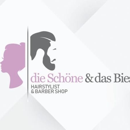Logo für einen Friseur- und Barbershop mit dem Gesicht eines Mannes und der Silhouette einer Frau. Der Text lautet 'die Schöne & das Bies' und 'HAIRSTYLLIST & BARBER SHOP'.