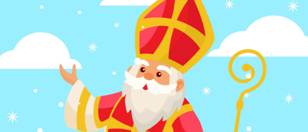 Eine Illustration von St. Nikolaus, der winkt, mit Schneeflocken und einer festlichen Botschaft. Der Text lautet 'Lannach/St. Josef, der Nikolaus kommt!'.