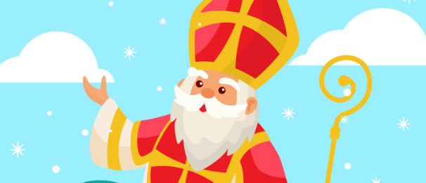 Eine Illustration von Sankt Nikolaus, gekleidet in einen roten und weißen Gewand, hält einen Stab und steht im Schnee mit umherfallenden Schneeflocken.