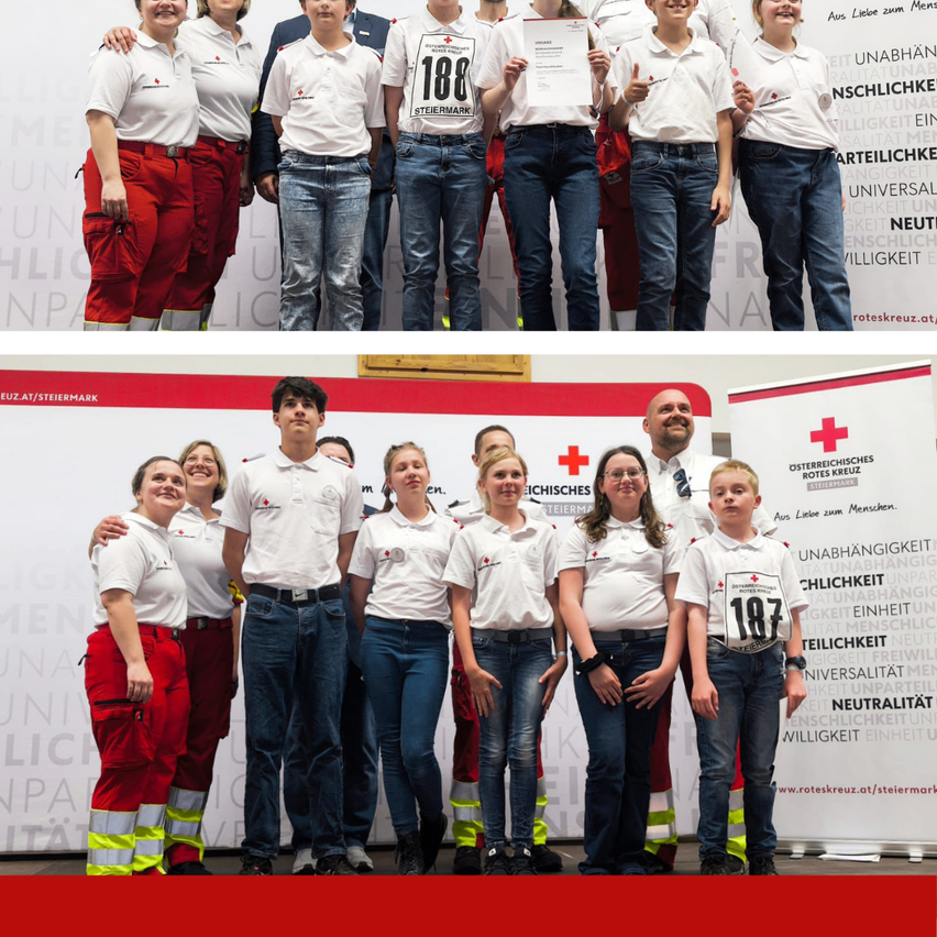 Gruppe von Menschen in roten und weißen Uniformen, die zusammenstehen, einige halten Urkunden in den Händen. Sie scheinen Freiwillige oder Mitarbeiter zu sein. Das Bild ist in zwei Abschnitte unterteilt.