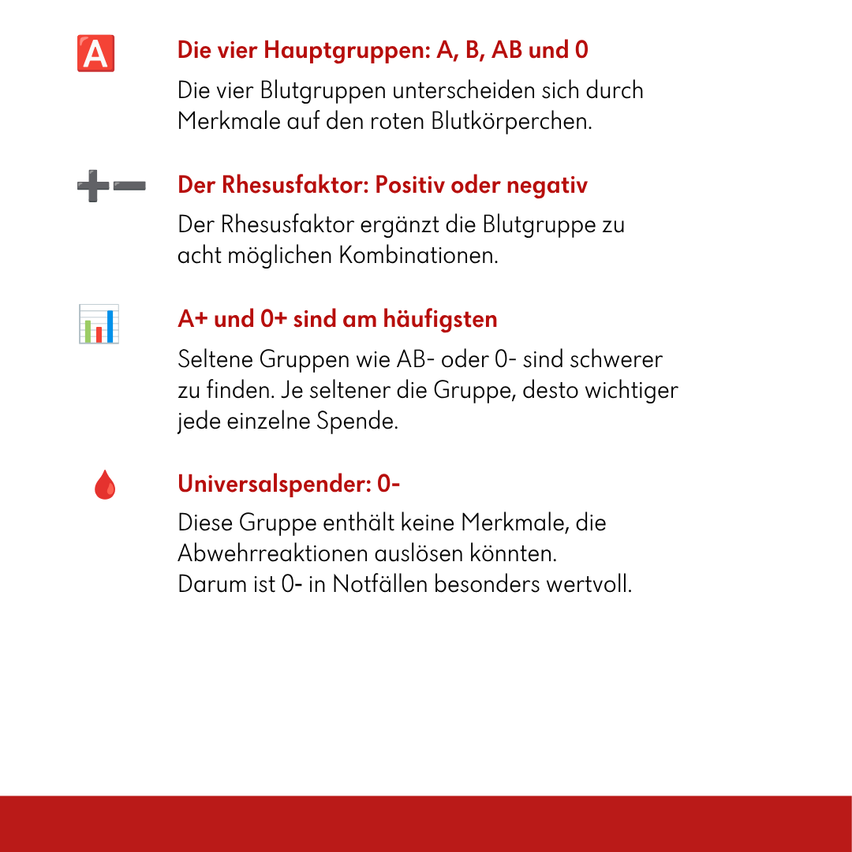 Die vier Hauptgruppen: A, B, AB und 0. Die vier Blutgruppen unterscheiden sich durch Merkmale auf den roten Blutkörperchen. Der Rhesusfaktor: Positiv oder negativ. Der Rhesusfaktor ergänzt die Blutgruppe zu acht möglichen Kombinationen. A+ und O+ sind am häufigsten. Seltene Gruppen wie AB- oder 0- sind schwerer zu finden. Je seltener die Gruppe, desto wichtiger jede einzelne Spende. Universalspender: 0-. Diese Gruppe enthält keine Merkmale, die Abwehrreaktionen auslösen könnten. Daher ist 0- in Notfällen besonders wertvoll.