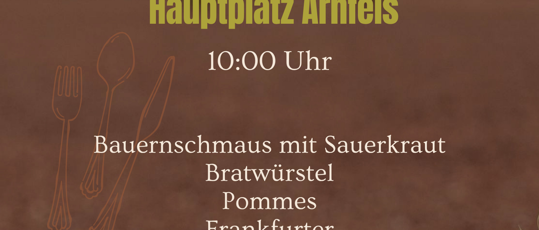Ein Veranstaltungsposter für Hauptplatz Arnfels am 19. September um 10:00 Uhr. Es zeigt einen Tennisplatz, Essensartikel und Getränke.