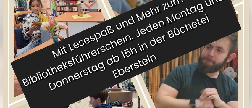 Eine Collage von Bibliotheksszenen, einschließlich Kinder beim Lesen, einem jungen Mann bei der Arbeit und einer lächelnden Frau. Die Collage enthält Text auf Deutsch, der einen Bibliotheksbuchtag mit Sparscheinen bewirbt.
