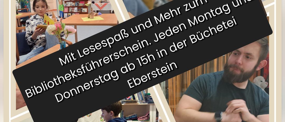 Eine Collage von Bibliotheksszenen, einschließlich Kinder beim Lesen, einem jungen Mann bei der Arbeit und einer lächelnden Frau. Die Collage enthält Text auf Deutsch, der einen Bibliotheksbuchtag mit Sparscheinen bewirbt.