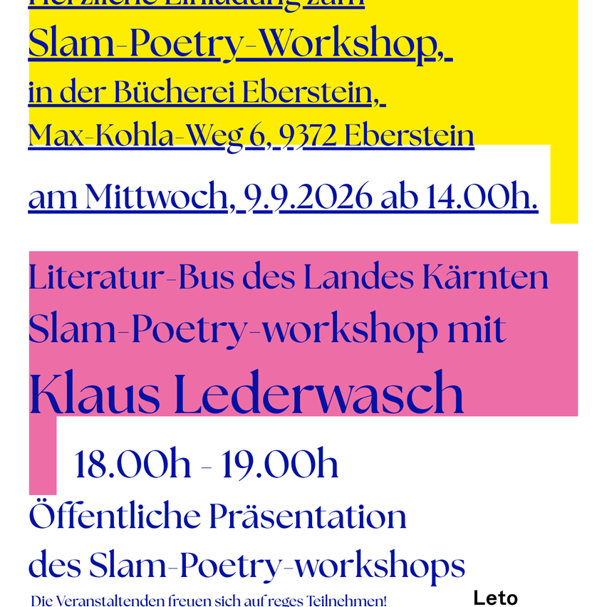Plakat für ein Slam Poetry Workshop in Eberstein, mit Angaben zu Datum, Uhrzeit und Ort der Veranstaltung.
