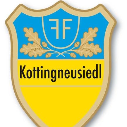 Ein blau-gelber Schild mit Eichenblättern und den Buchstaben FF oben und Kottingneusiedl unten.