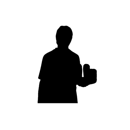 Eine Silhouette einer Person, die steht und zwei Objekte in den Händen hält, möglicherweise Gewichte.