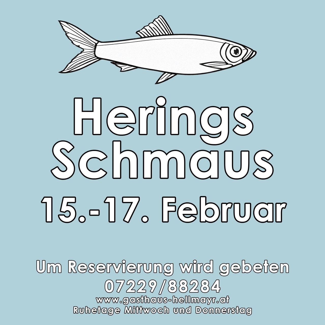 Ein Werbeplakat für die Veranstaltung Herring's Schmauß vom 15. bis 17. Februar. Es zeigt eine Fischillustration und enthält Kontaktdaten.