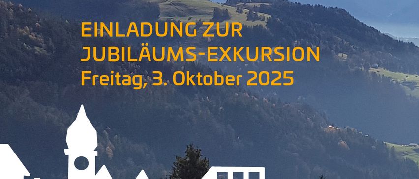 Eine Einladung zur Jubiläums-Exkursion, Freitag, 3. Oktober 2025, mit Bergen, Häusern und einem Radfahrer.