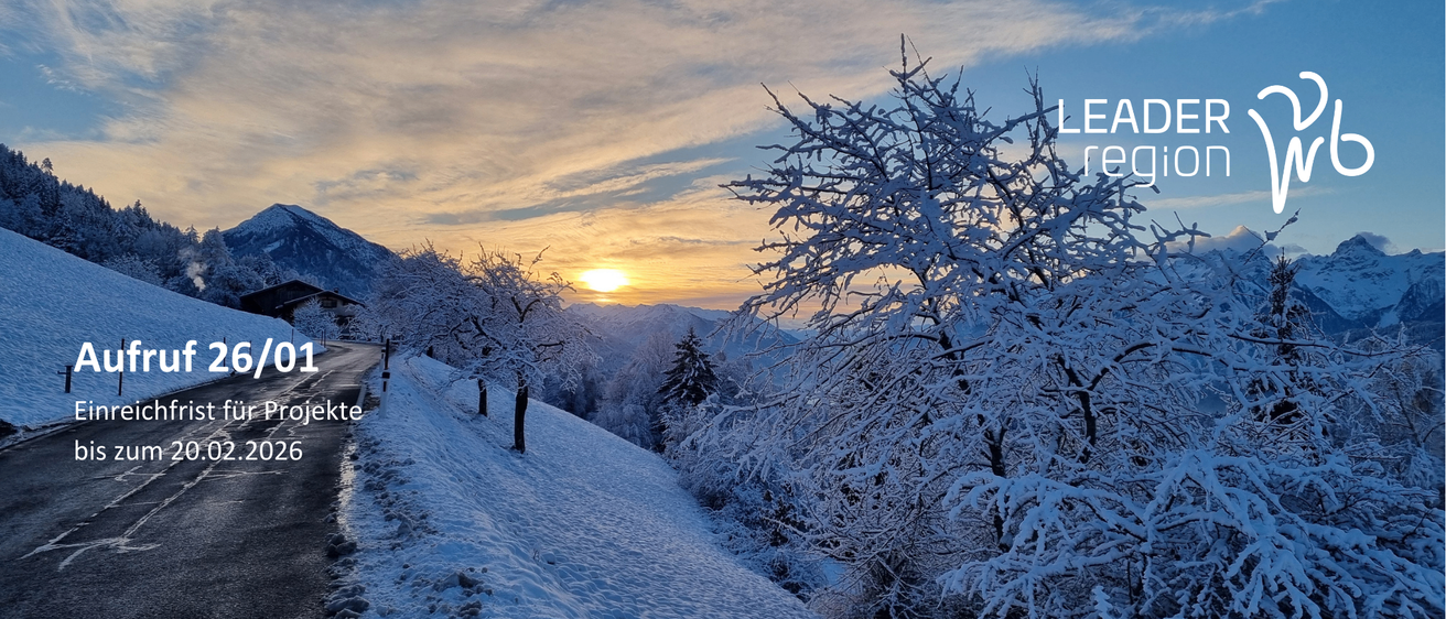 Sonnenuntergang über einer verschneiten Berglandschaft mit kahlen Bäumen und klarem Himmel.