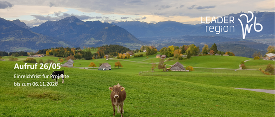Eine Kuh steht auf einer üppigen grünen Wiese mit Bergen im Hintergrund. Der Himmel ist bewölkt und es gibt mehrere Häuser und Bäume in der Ferne.
