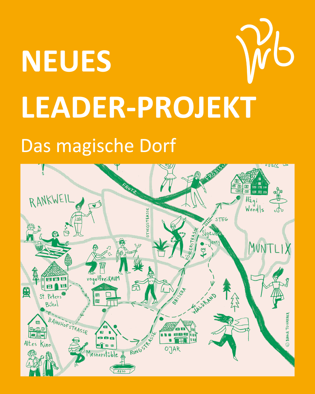 Ein Bild zeigt ein neues Leader-Projekt namens Das Magische Dorf mit einer handgezeichneten Karte eines Dorfes mit Häusern, Bäumen und Menschen.
