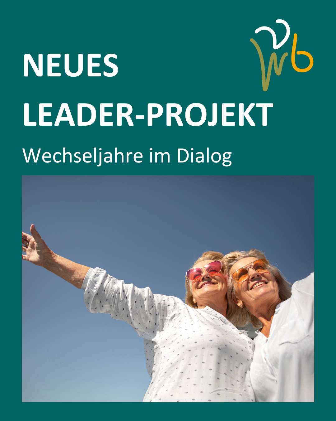 Poster shows two women in sunglasses. Text reads 'New Leader Project' and 'Change of years in dialogue.' Illustration in background.