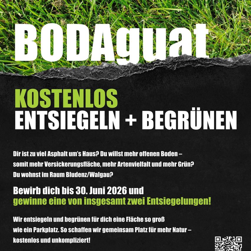 BODAguat-Poster mit grünem Text auf schwarzem Hintergrund. Es bewirbt ein kostenloses Pflaster- und Begrünungsprojekt. Es lädt zur Teilnahme bis 30. Juni 2026 ein. Der Plakat enthält einen QR-Code.