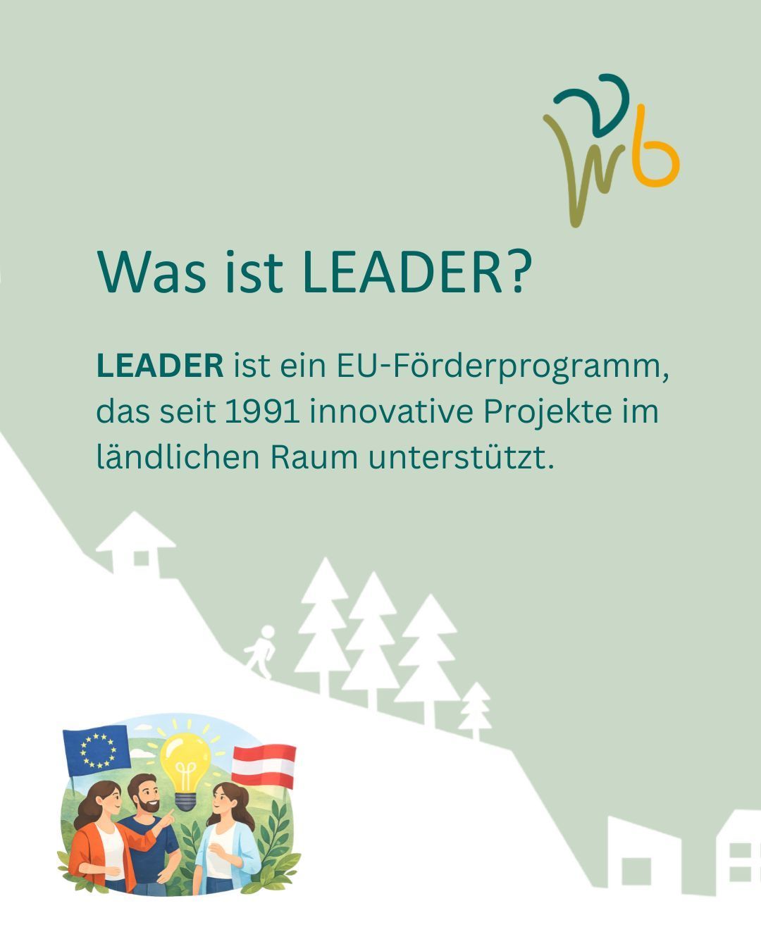 Plakat mit einem Berg und einer Glühbirne. Es fragt 'Was ist LEADER?' und erklärt, dass LEADER ein EU-Förderprogramm ist, das seit 1991 innovative Projekte im ländlichen Raum unterstützt. Es zeigt drei Personen, zwei Flaggen und Bäume.