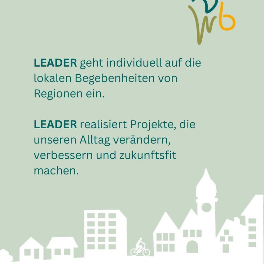 Das Bild zeigt das Wort LEADER in Fettdruck, begleitet von Text über Projekte, die das tägliche Leben verändern, verbessern und zukunftssicher machen. Eine Stadtlandschaft mit Gebäuden und einer Person, die ein Fahrrad fährt, ist illustriert.