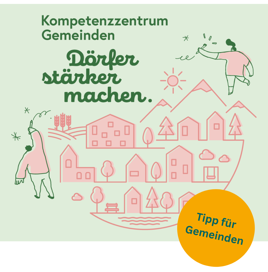 Eine Illustration, die Menschen beim Zeichnen und Interagieren mit einem Dorf zeigt, mit dem Text 'Kompetenzzentrum Gemeinden Dorfer starker machen' und einem Aufruf 'Tipp fur Gemeinden'.