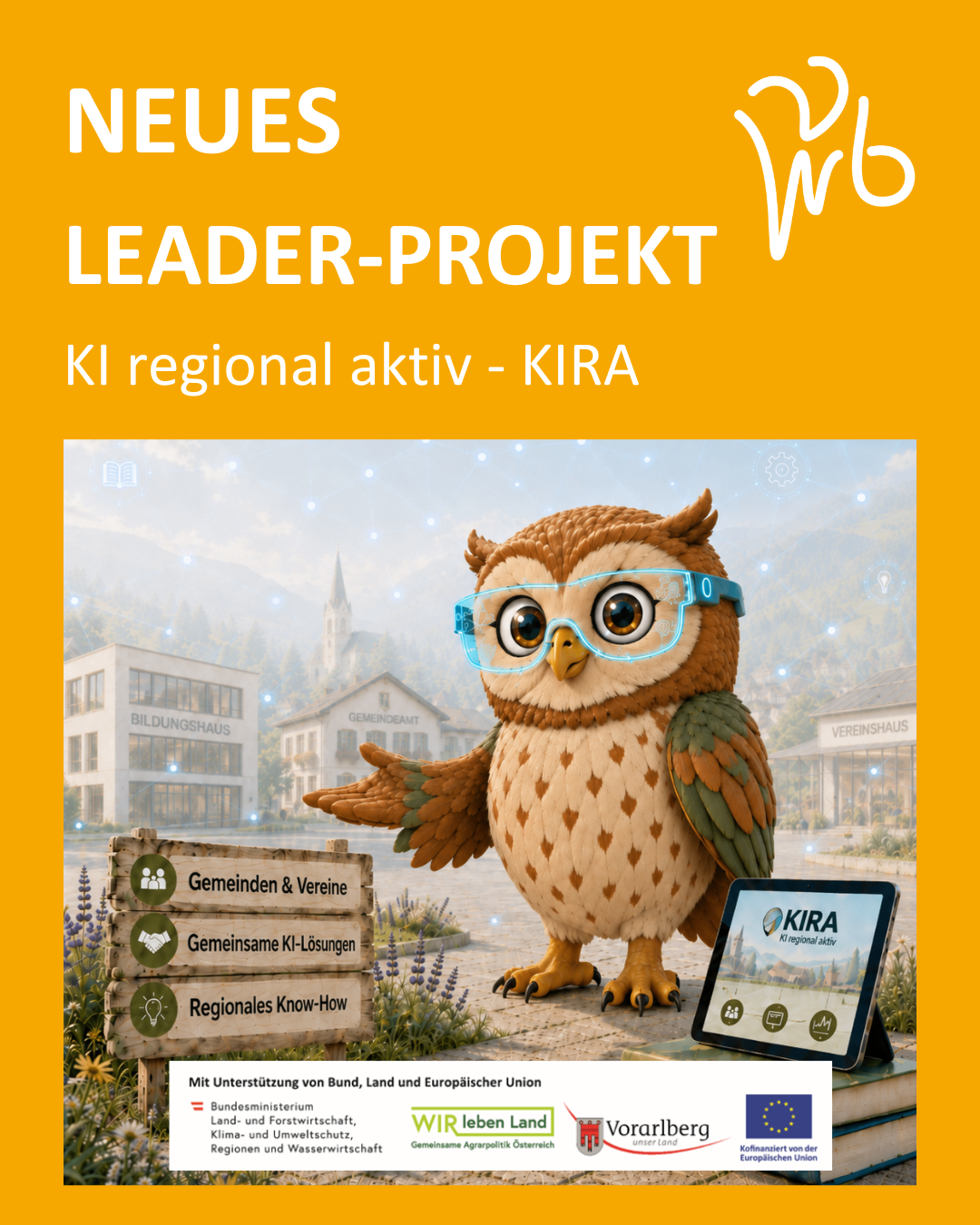 An image featuring a cartoon owl with glasses, a tablet displaying the KIRA logo, and icons for 'Communities & Associations', 'Joint AI Solutions', and 'Regional Know-How'. Behind the owl, buildings labeled 'Bildungshaus', 'Gemeindeamt', and 'Vereinshaus' are visible.