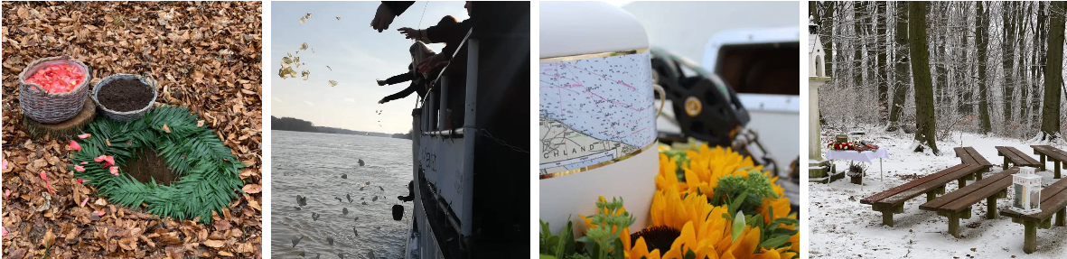 Vier Bilder zeigen einen Haufen Herbstblätter, Menschen, die Blätter ins Wasser werfen, eine Karte auf einer Flasche und einen Strauß Sonnenblumen auf verschneirtem Boden.