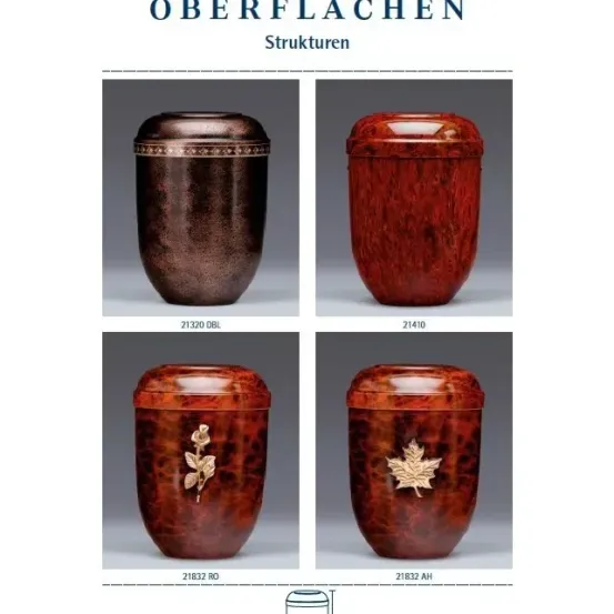 Vier Urnen mit verschiedenen Designs und Beschriftungen. Oben links: 21320 DBL, oben rechts: 21410, unten links: 21832 RO, unten rechts: 21832 AH. Abmessungen unten: 19 cm Höhe, 26,5 cm Durchmesser.