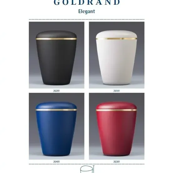 Eine Collage von vier Urnen in verschiedenen Farben: schwarz, weiß, blau und rot. Jede Urne hat einen goldenen Rand.