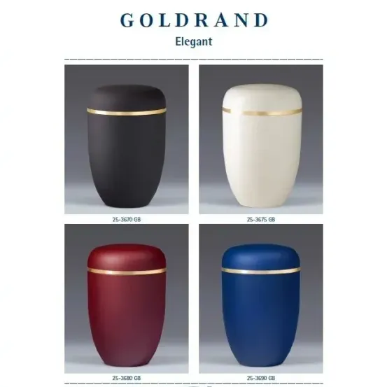 Das Bild zeigt vier Urnen aus der Goldrand Elegant Kollektion. Jede Urne hat einen goldenen Rand um ihren Rand. Die Urnen sind in verschiedenen Farben: schwarz, weiß, rot und blau. Die Kapazität jeder Urne ist mit 25-3670 GB, 25-3675 GB, 25-3680 GB und 25-3690 GB gekennzeichnet. Die Urnen sind vor einem weißen Hintergrund dargestellt.