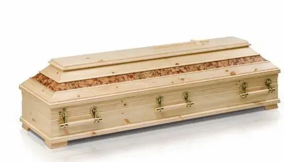 Ein hölzerner Sarg mit einer glatten Oberfläche, aus hellem Holz gefertigt und mit Metallgriffen auf beiden Seiten. Er ruht auf einem weißen Hintergrund.