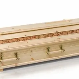 Ein hölzerner Sarg mit einer glatten Oberfläche, aus hellem Holz gefertigt und mit Metallgriffen auf beiden Seiten. Er ruht auf einem weißen Hintergrund.